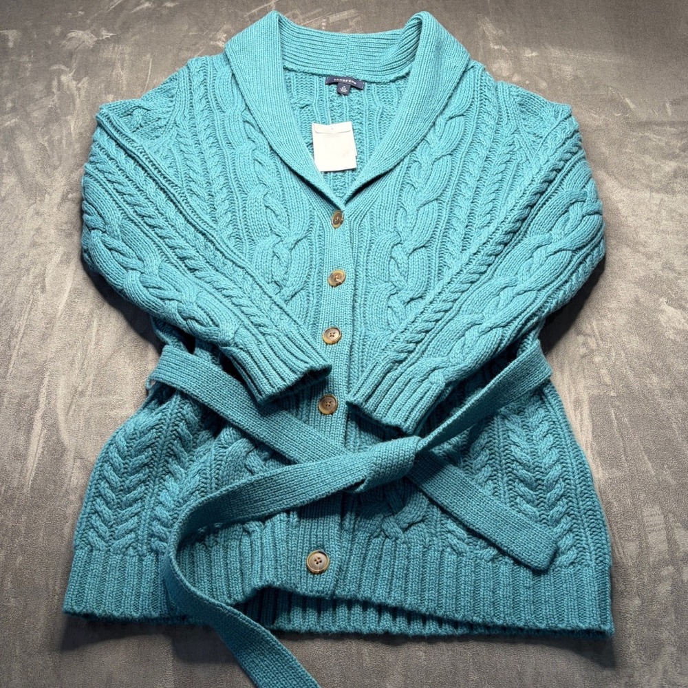 Lands' End Cable Knit Cardigan Sweater Womens M Teal Wool Belted Fisherman NEW